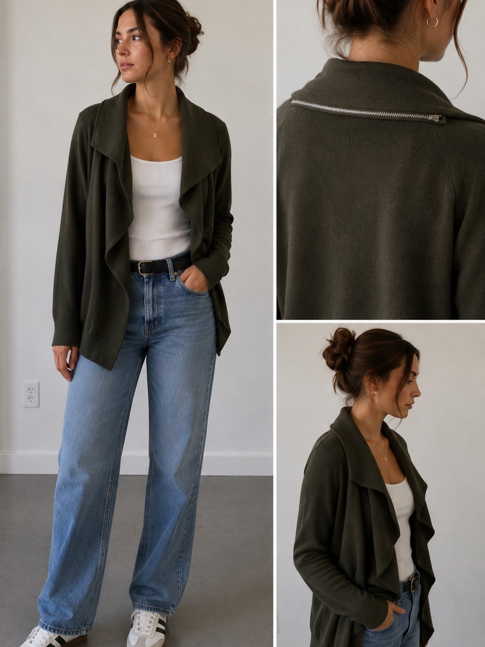 7th Avenue Design Studio Olive Green Open Front Zip Collar Cardigan Size S